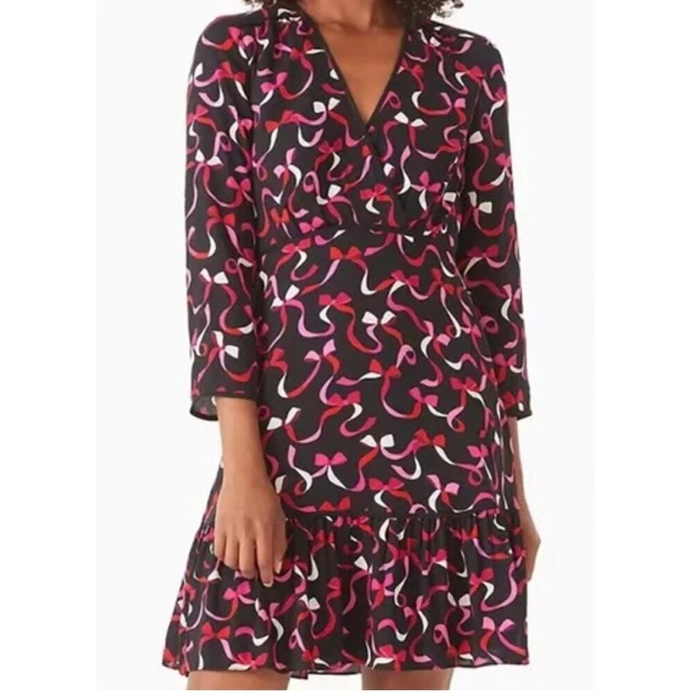 Kate Spade black red pink ribbon bow v neck dress size 4
